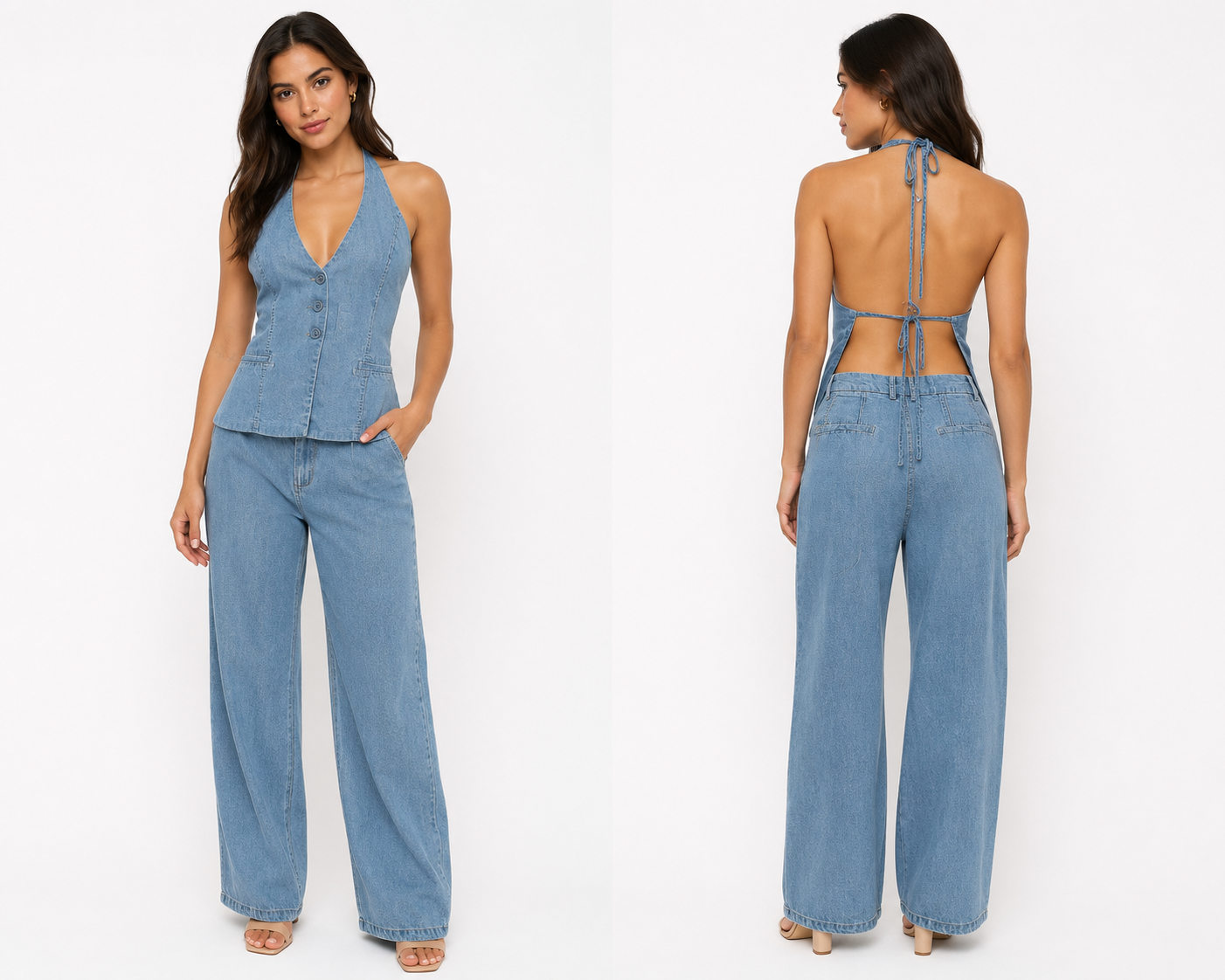 Denim Halter Open Back Jumpsuit 🍓⭐