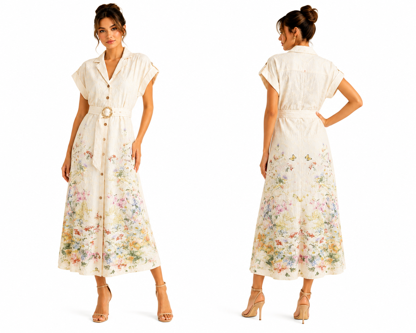 Floral Button-Down Midi Dress with Belt
