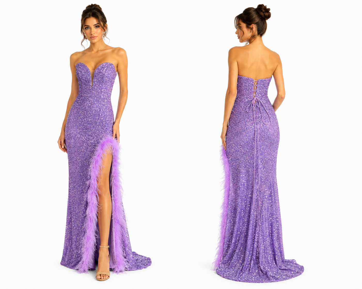 Strapless Sequin Gown with Feather Slit 🍓✨