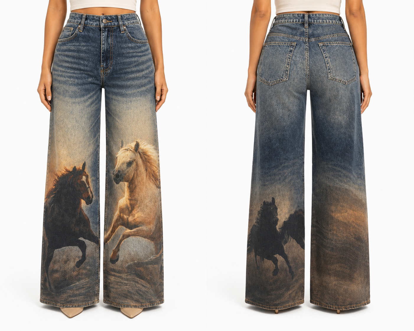 Vintage Horse Print Wide-Leg Jean