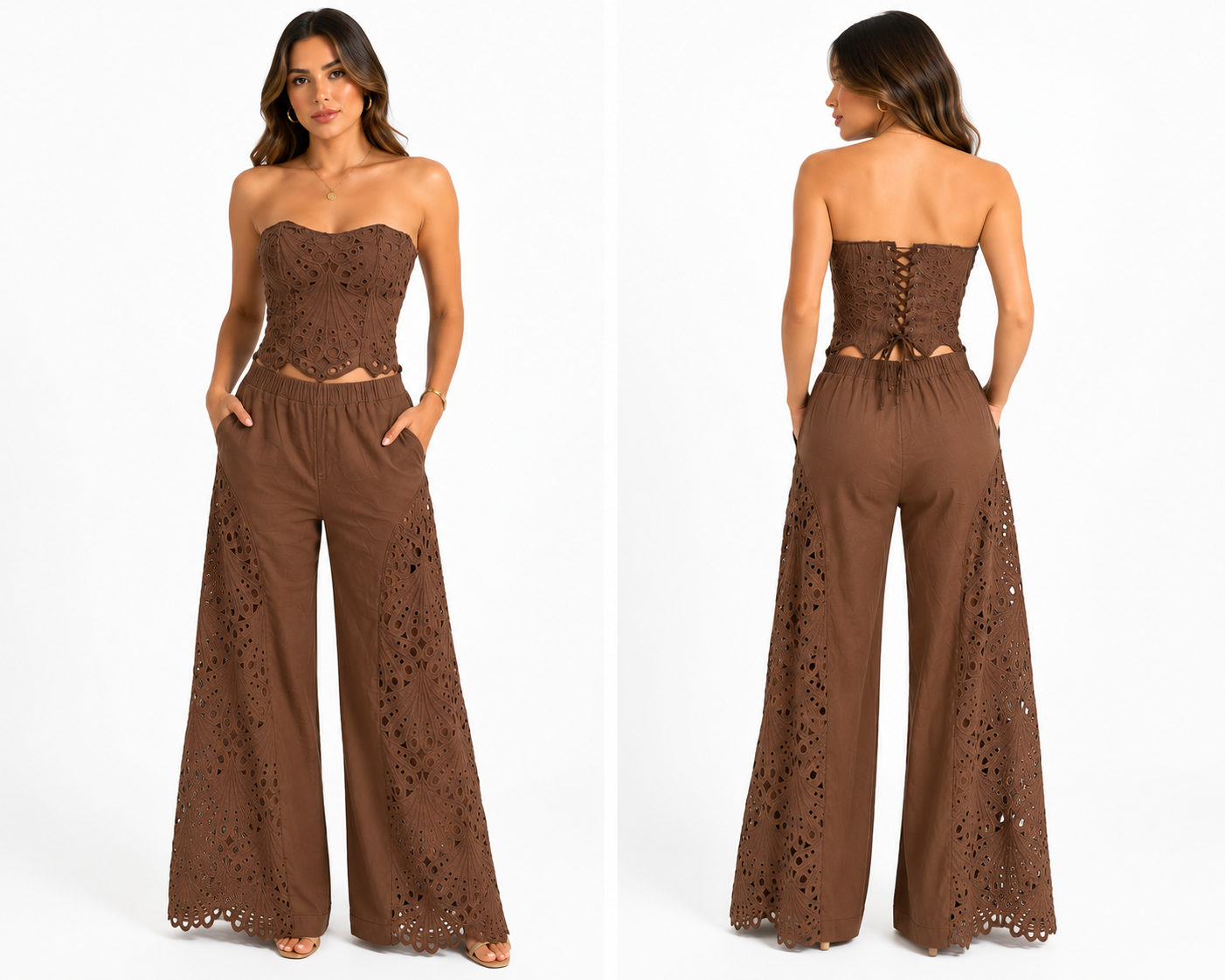 🍓⭐ Strapless Embroidered Wide Leg Set ❤️