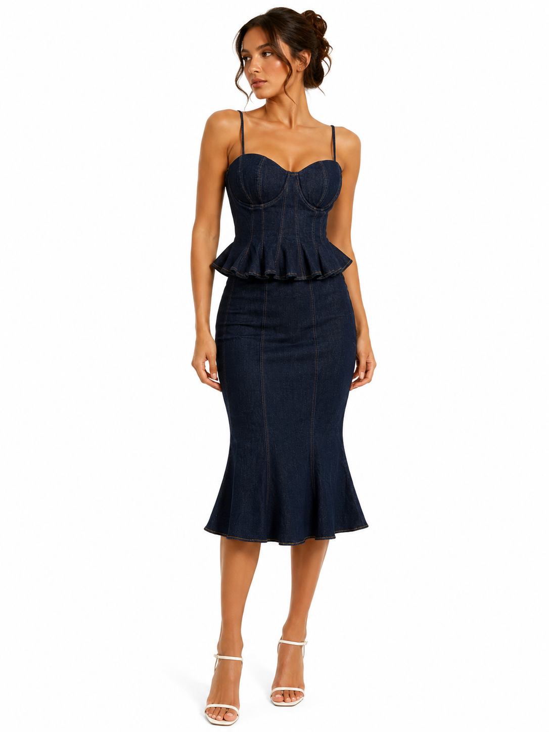 Denim Top and Midi Skirt Set
