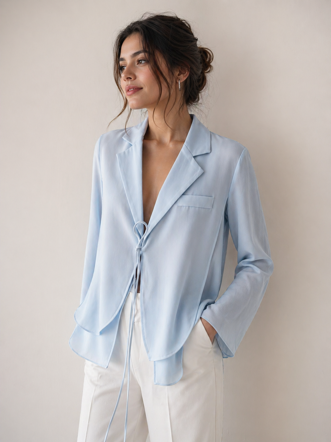 Sky Blue Satin Tie Blouse