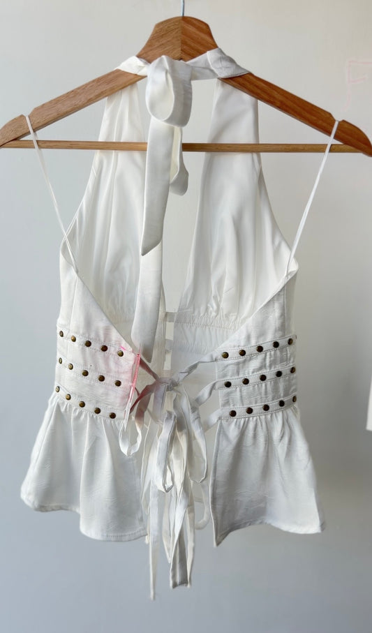White Sheer Halter Blouse with Stud Detail ✨