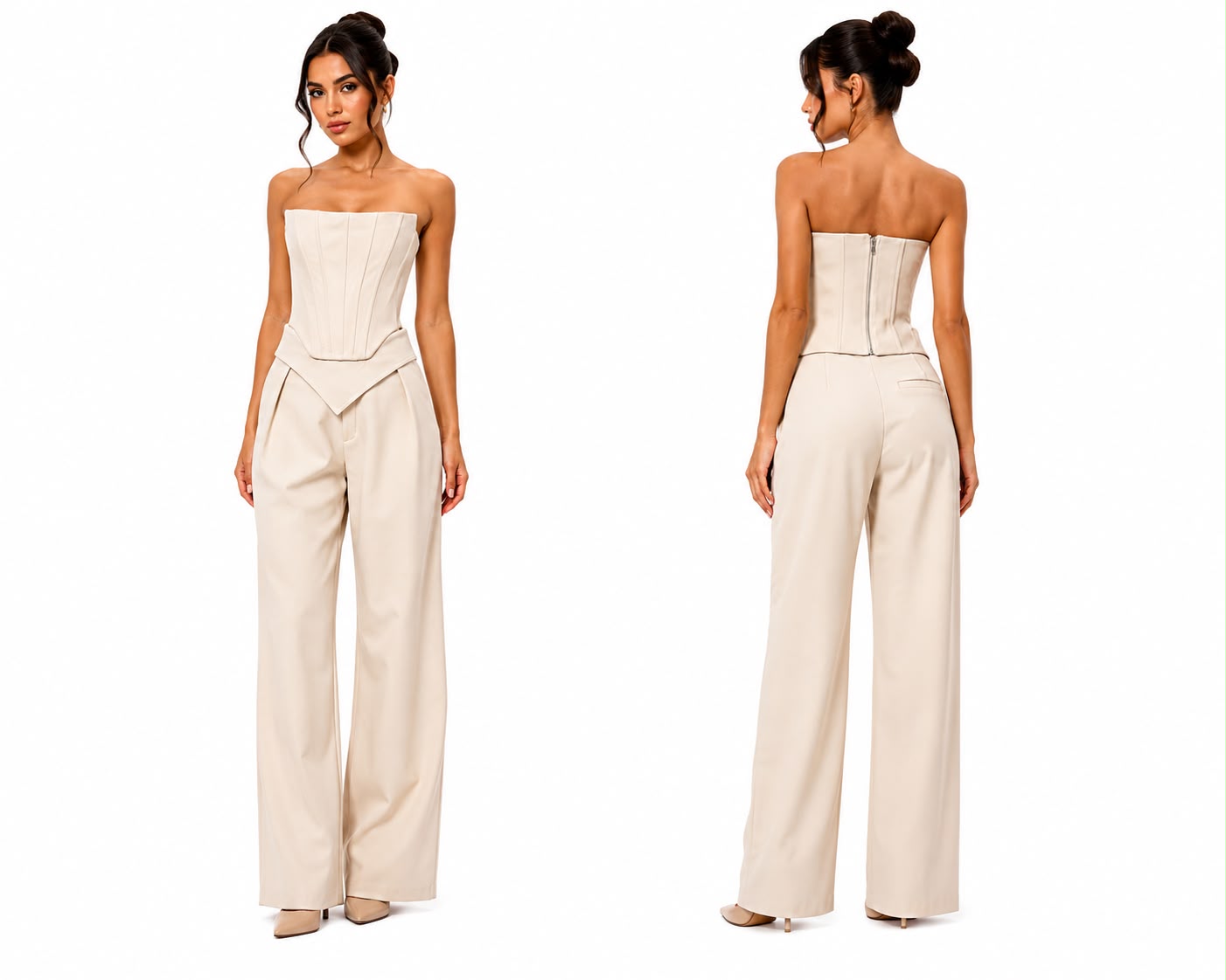 Beige Corset Top and Wide Leg Pants Set 🍓⭐