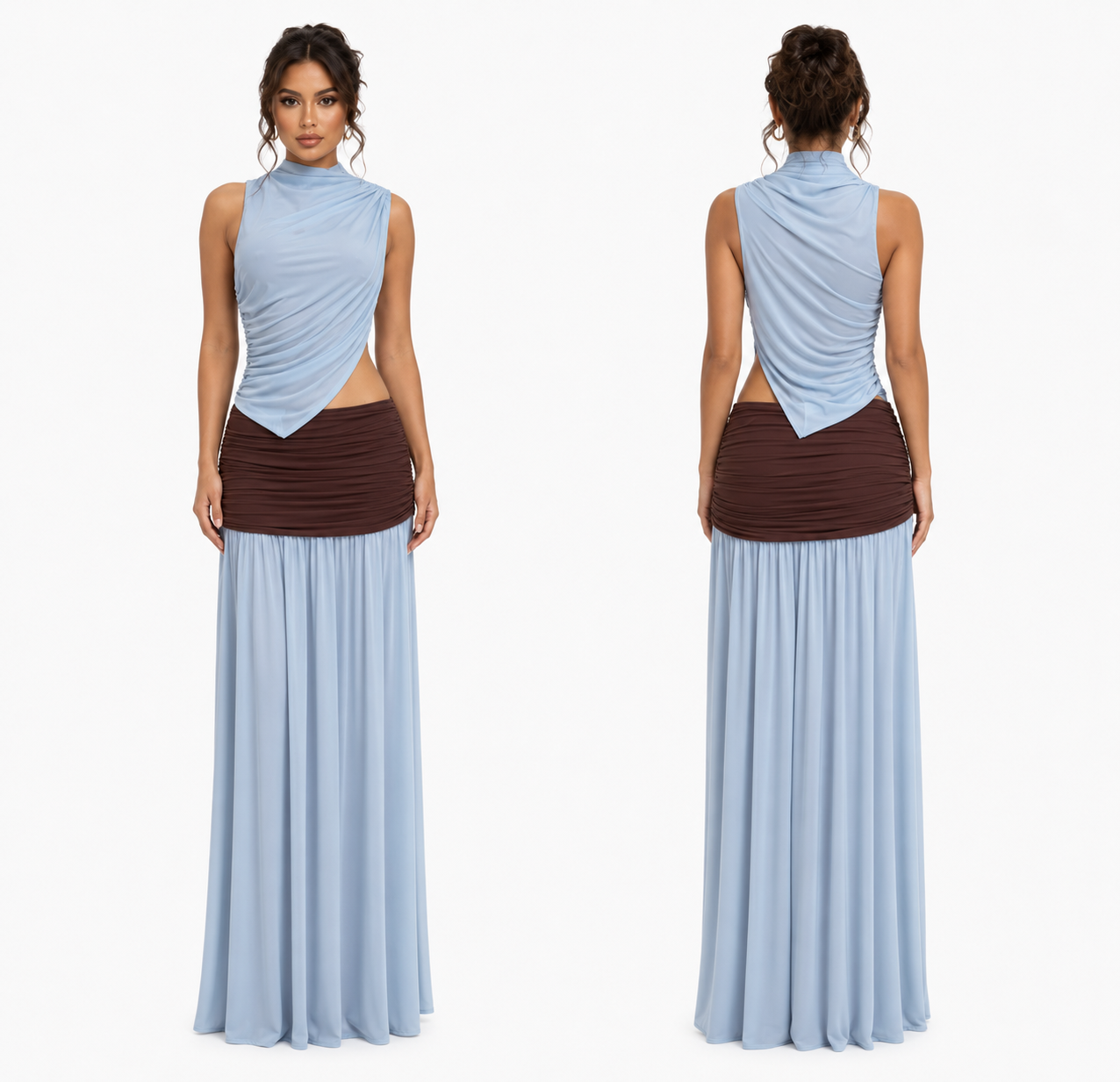 Two-Tone Ruched Cutout Maxi Dress