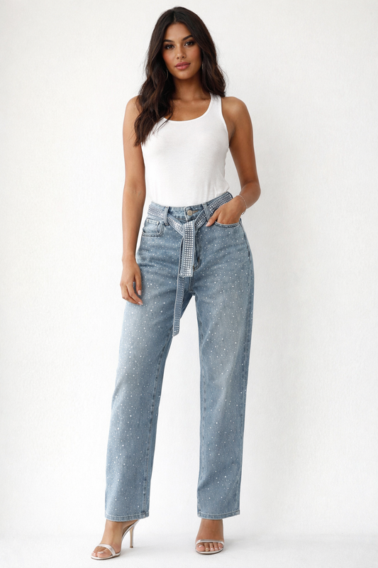 Rhinestone Detail Straight-Leg Denim Pants