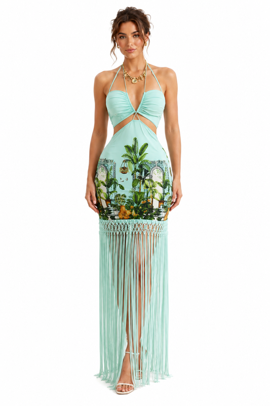 Tropical Print Cutout Fringe Maxi Dress 🍓⭐