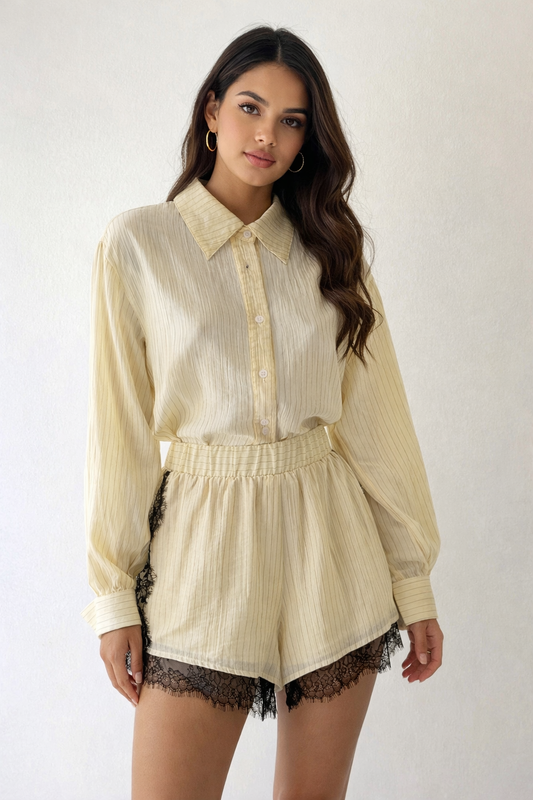 Elegant Blouse & Lace Trim Shorts Set