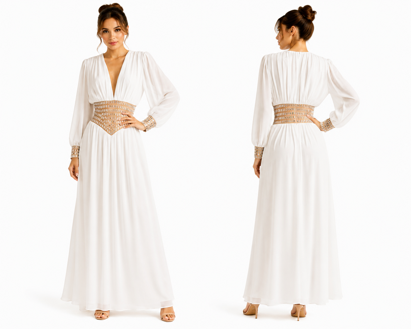Elegant White Maxi Dress with Gold Waist Detail