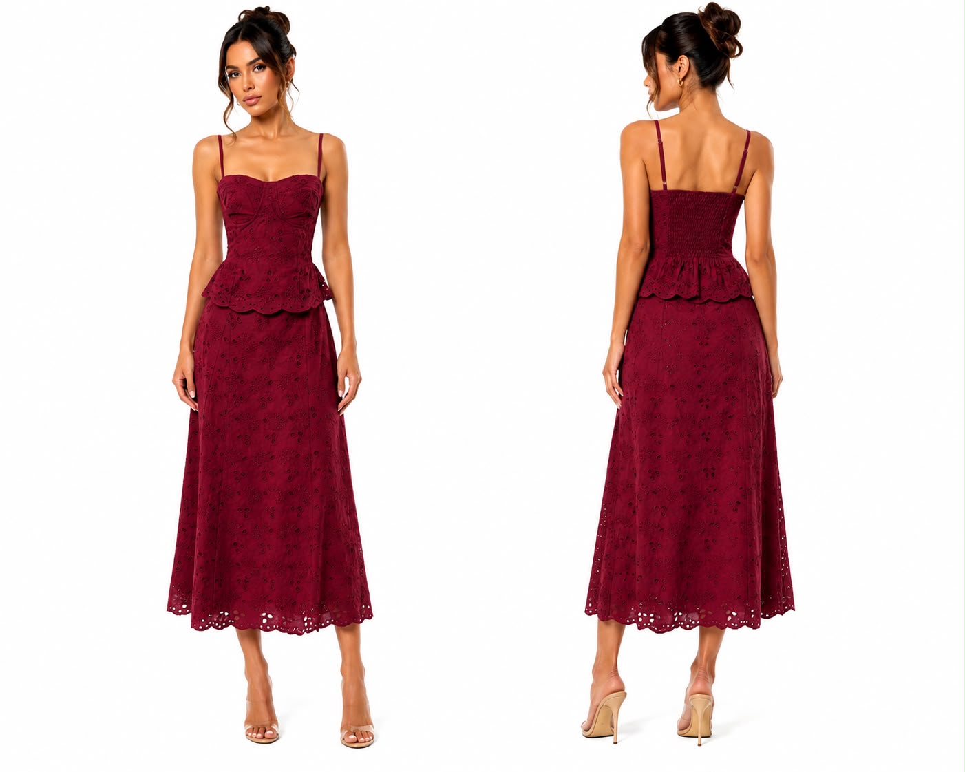 Burgundy Eyelet Peplum Top &amp; Midi Skirt Set 🍓⭐