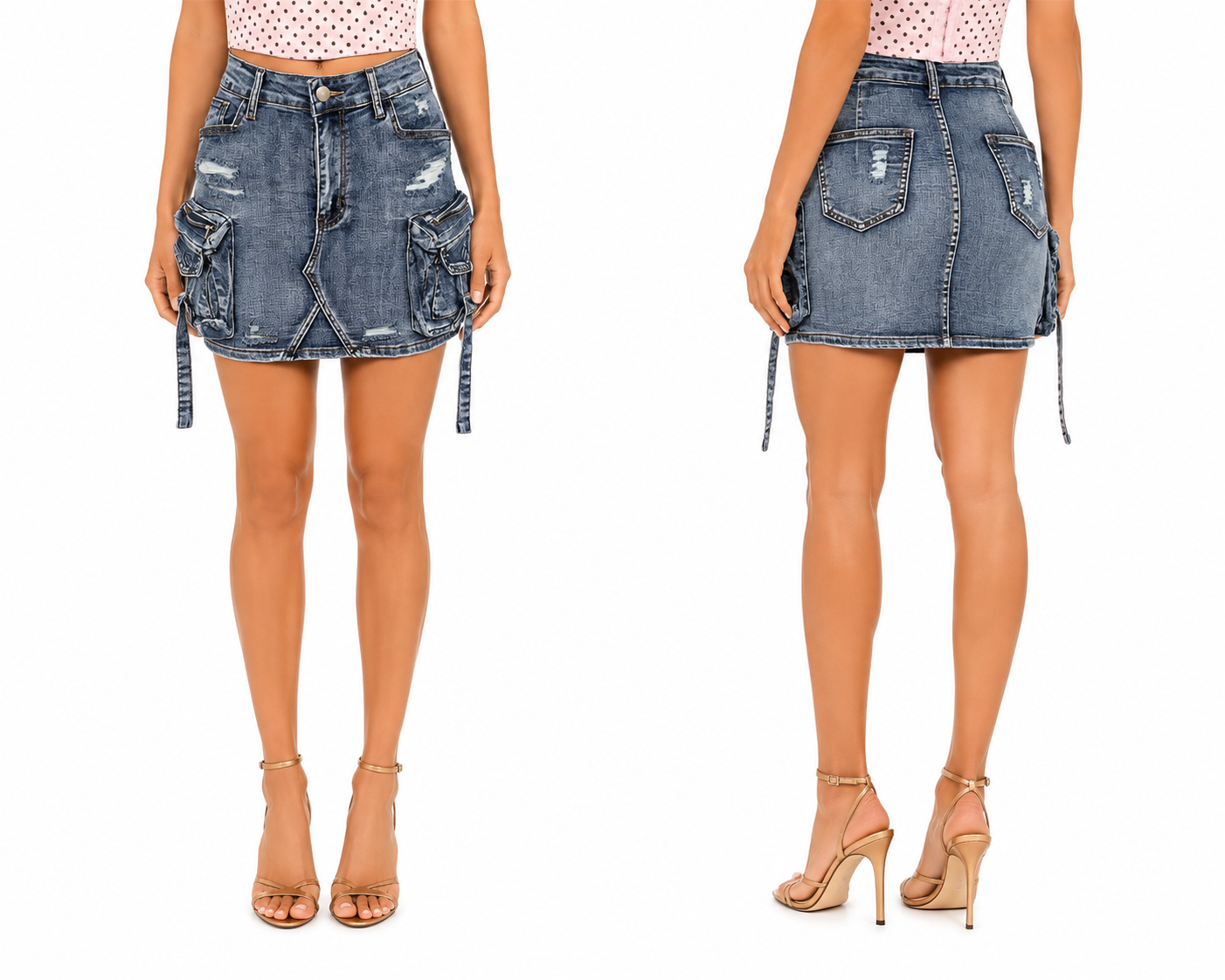 Distressed Cargo Denim Mini Skirt 🍓✨