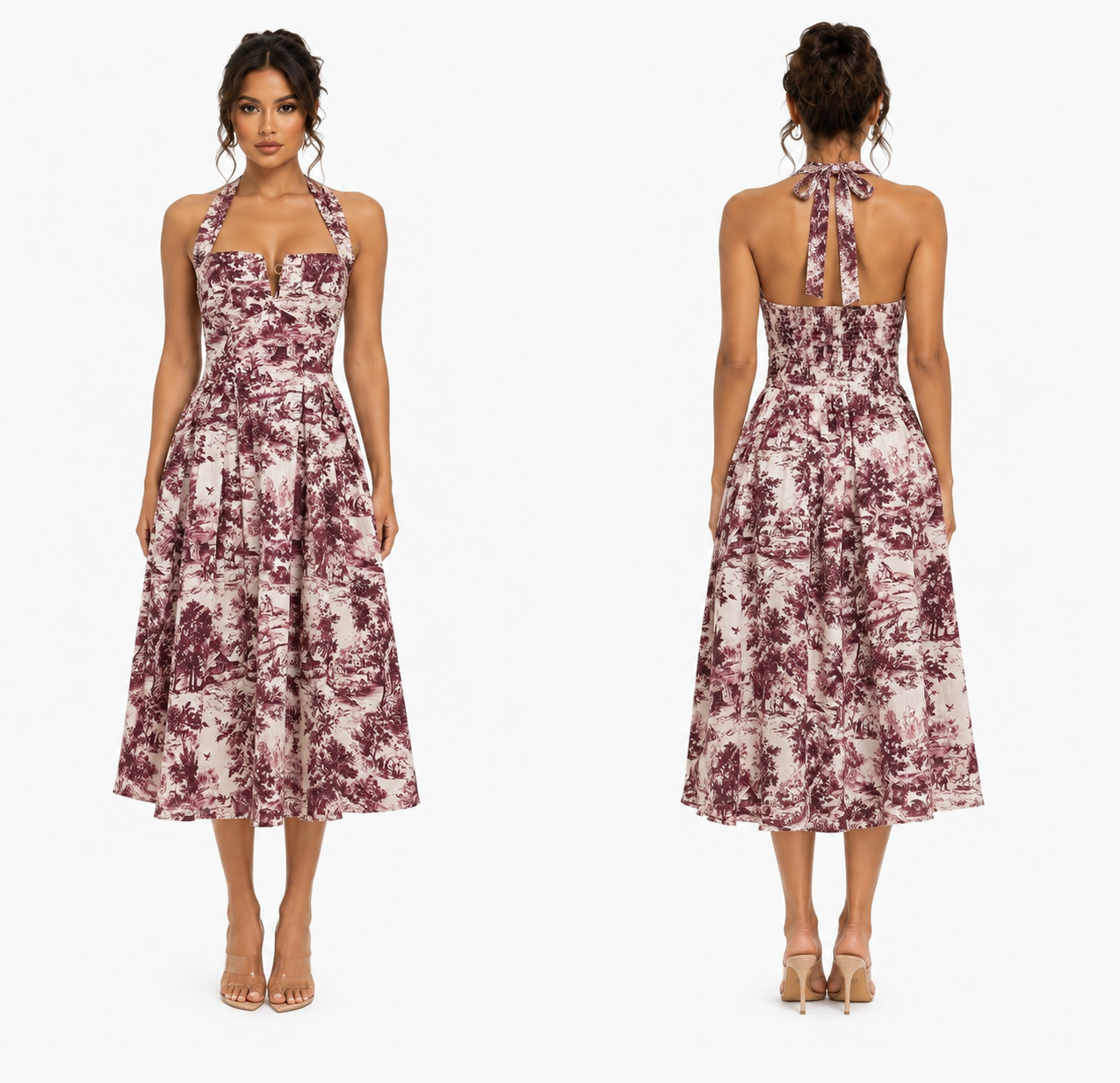Toile Print Halter Midi Dress 🍓✨
