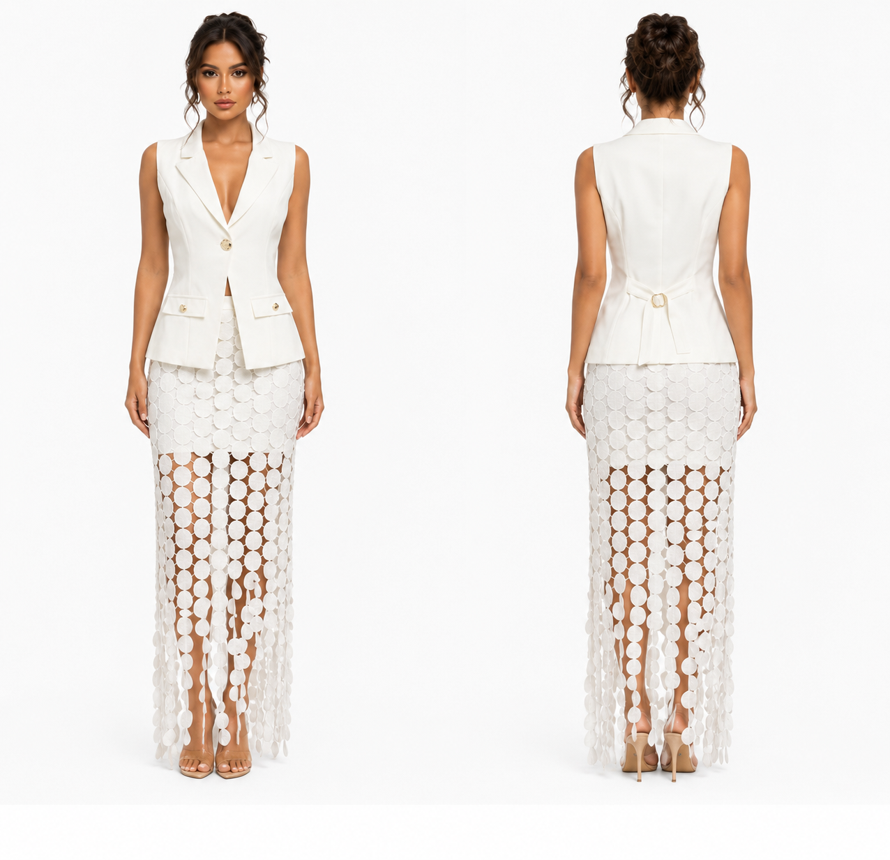 Sleeveless Blazer and Circle Lace Maxi Skirt Set 🍓✨