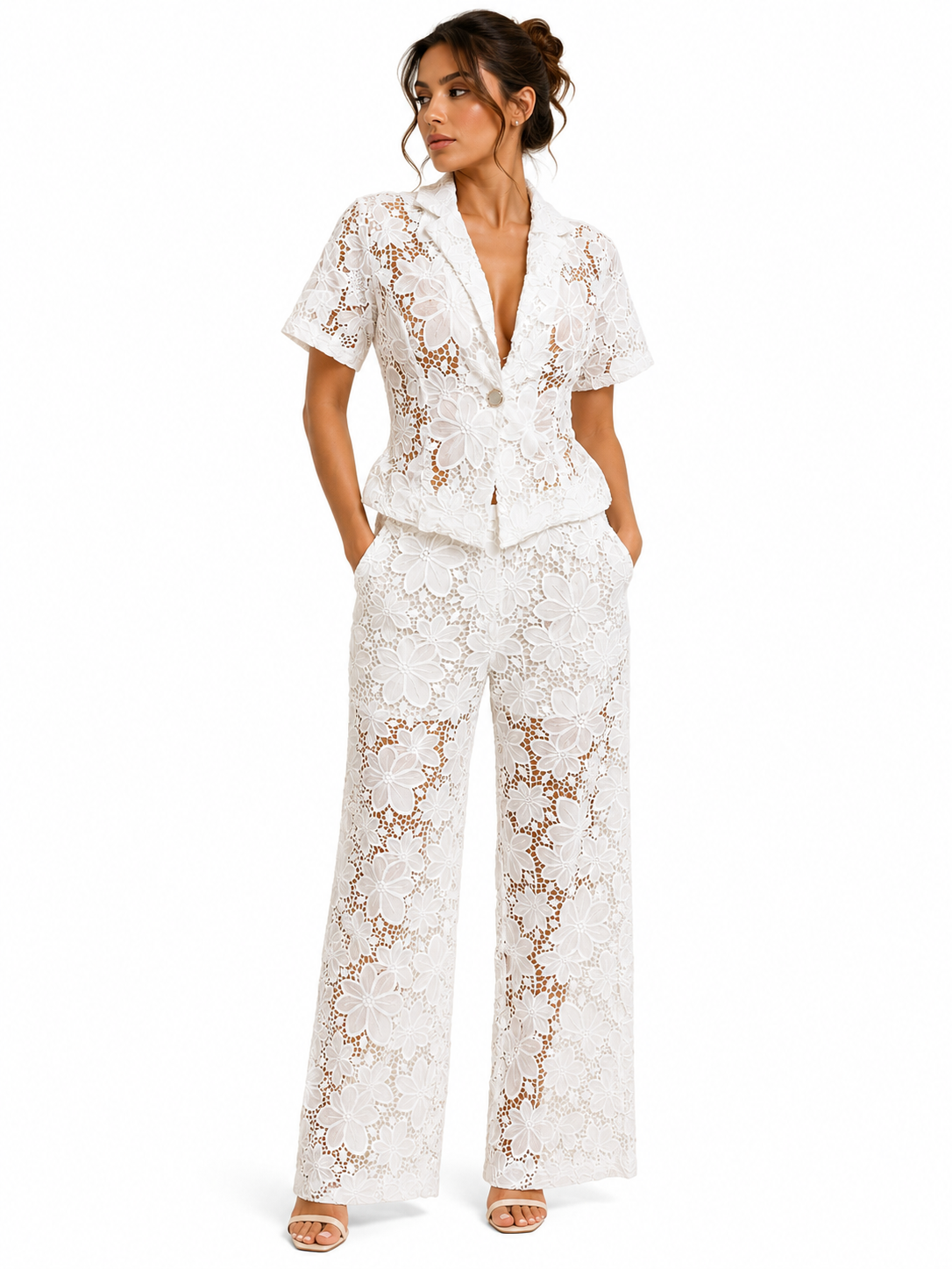 Lace Short Sleeve Blouse and  Wide Leg Pants Set