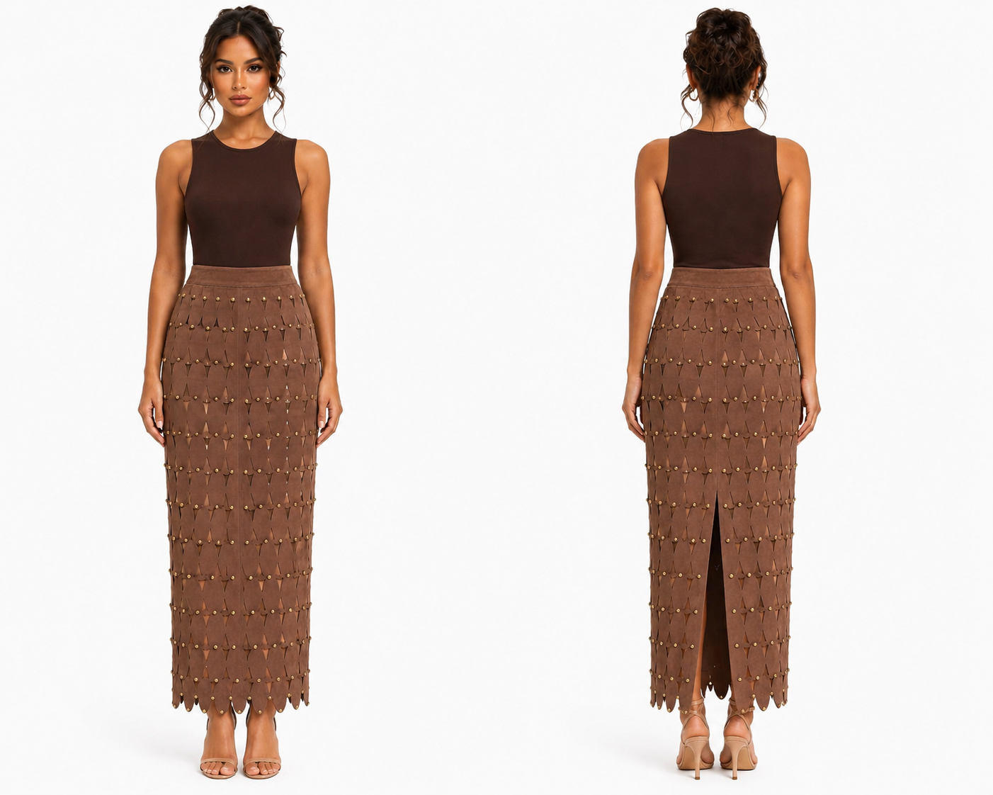 Brown Suede Statement Maxi Skirt 🍓✨