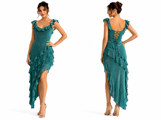 Asymmetrical green glitter dress