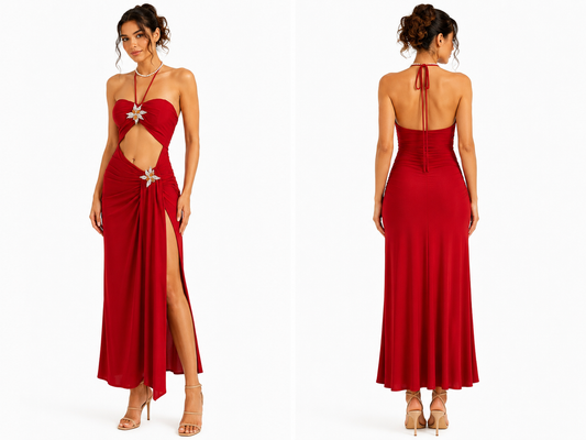 Cutout Halter Maxi Dress with Floral Detail 🍓⭐