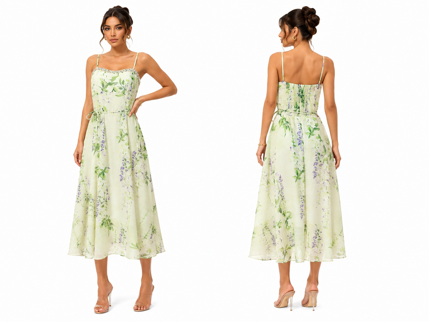 Floral Midi Dress with Crystal Strap Detail