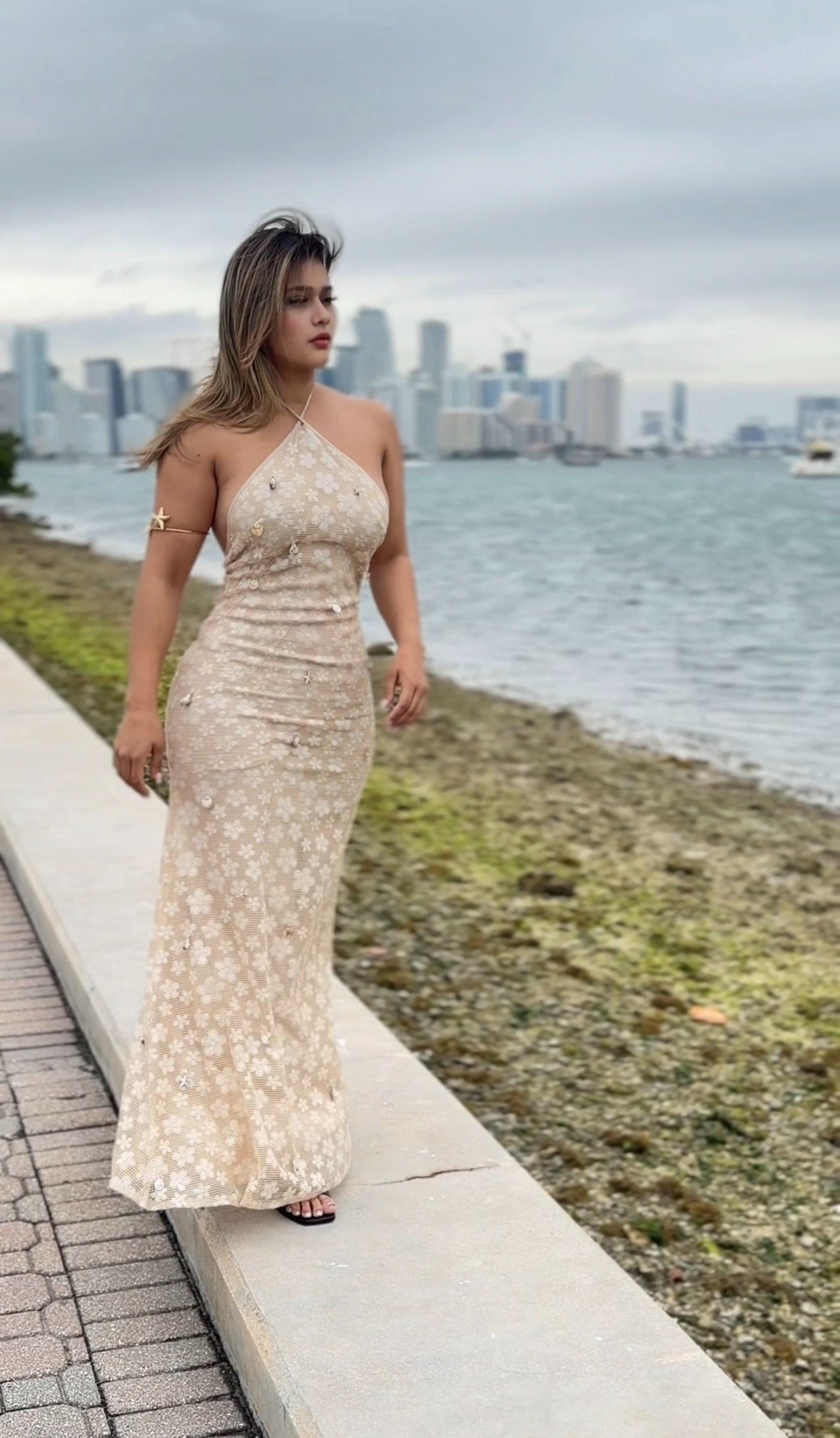 Ivory Shell Detail Halter Maxi Dress ✨