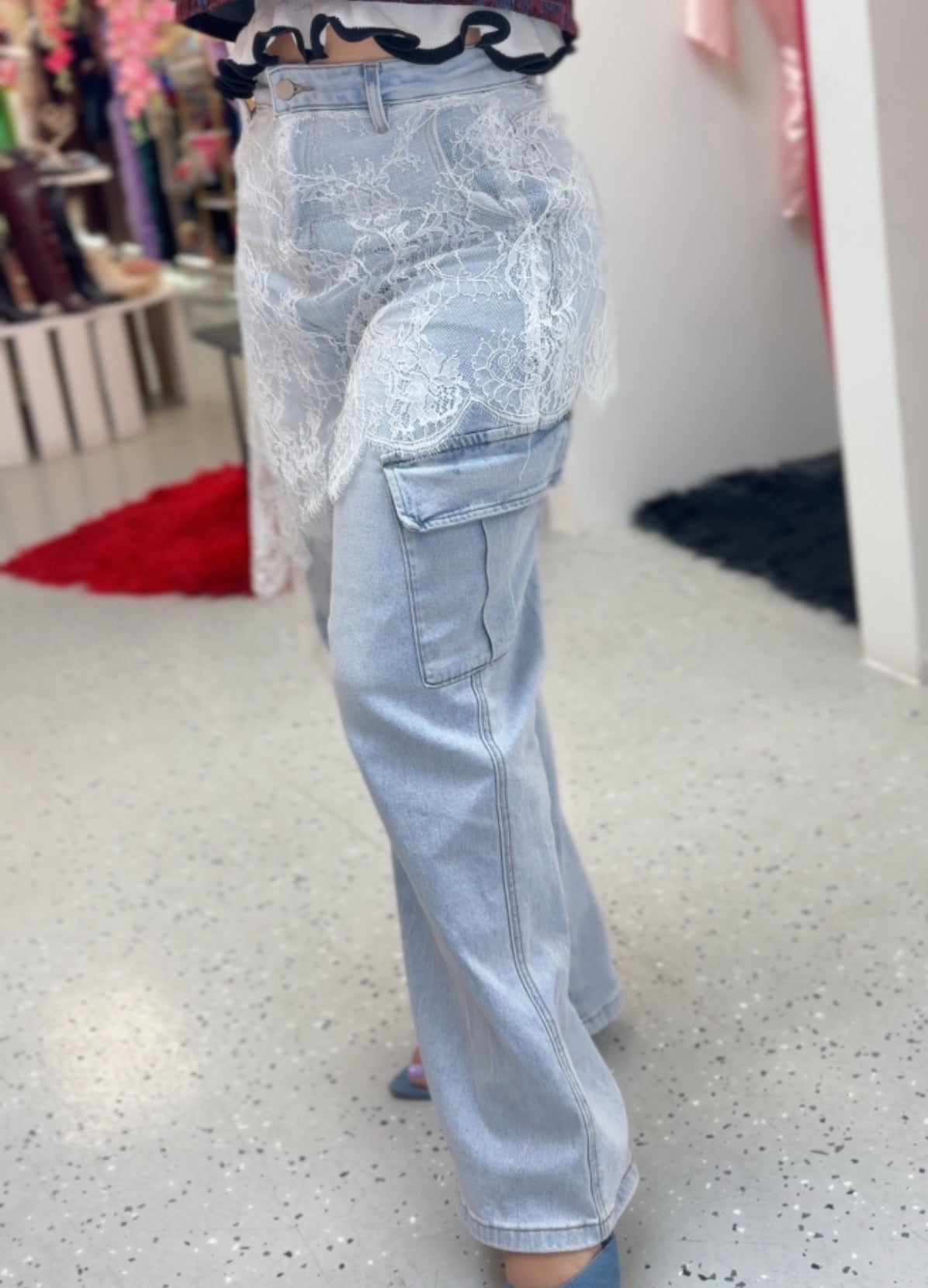 Denim Cargo Pants with Lace Detail ✨