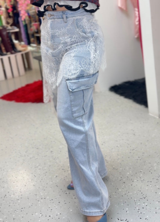 Denim Cargo Pants with Lace Detail ✨
