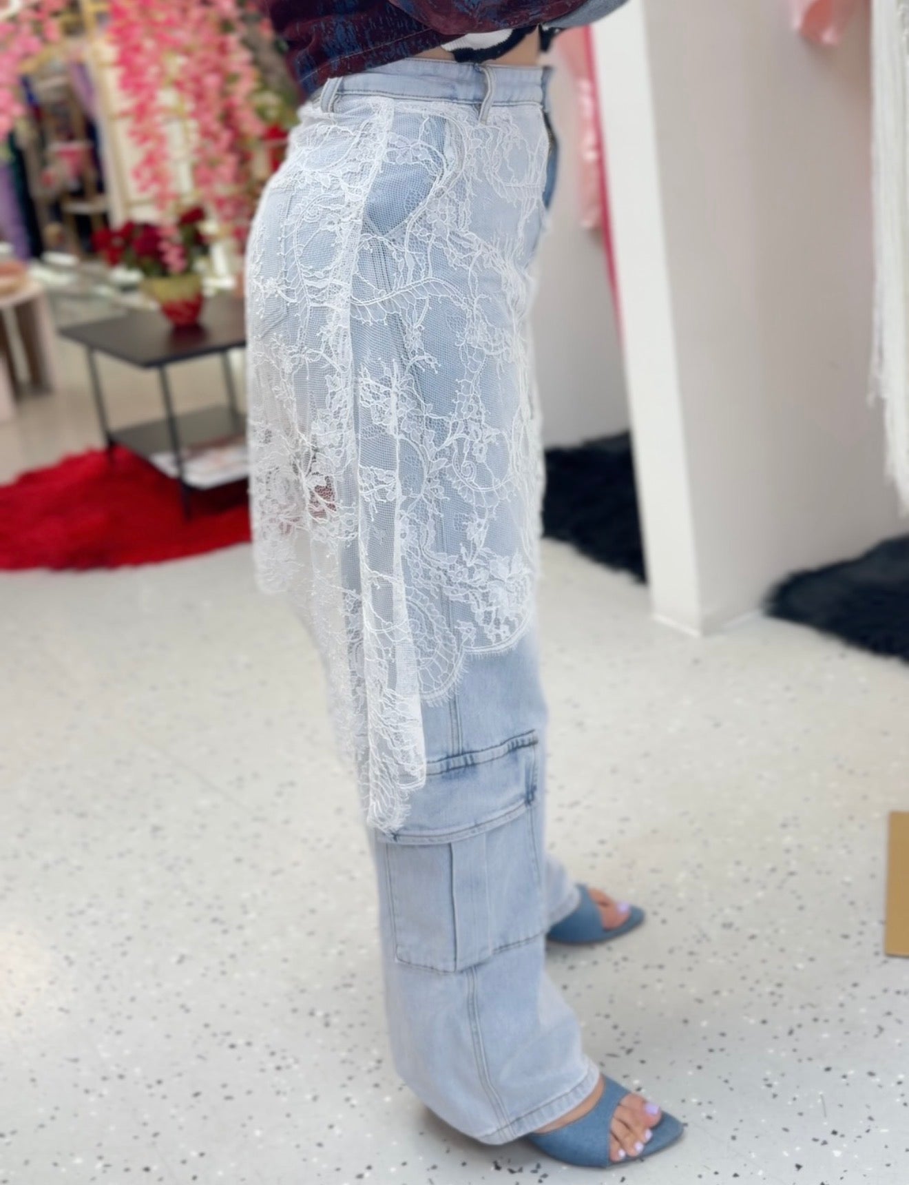 Denim Cargo Pants with Lace Detail ✨
