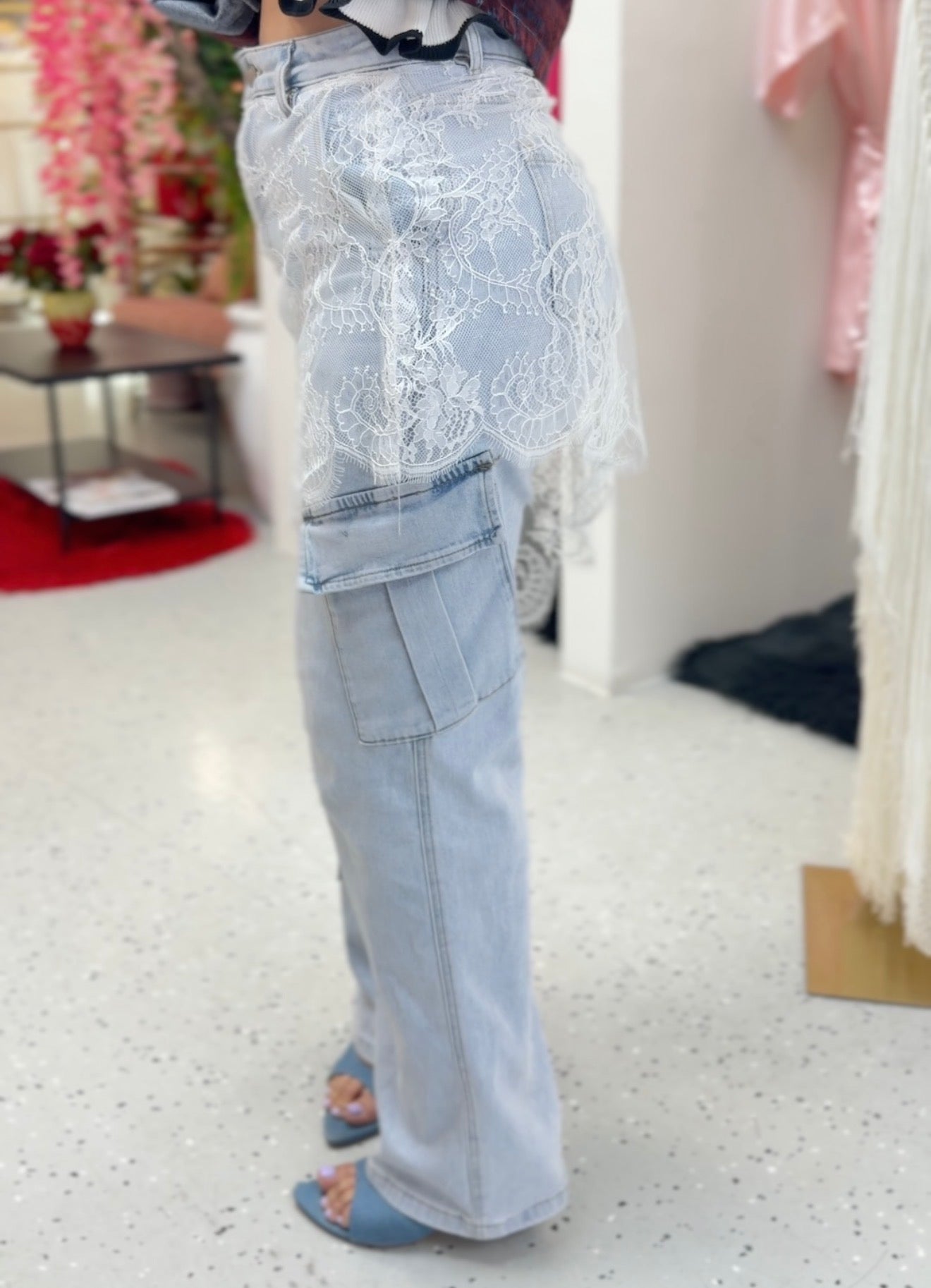 Denim Cargo Pants with Lace Detail ✨