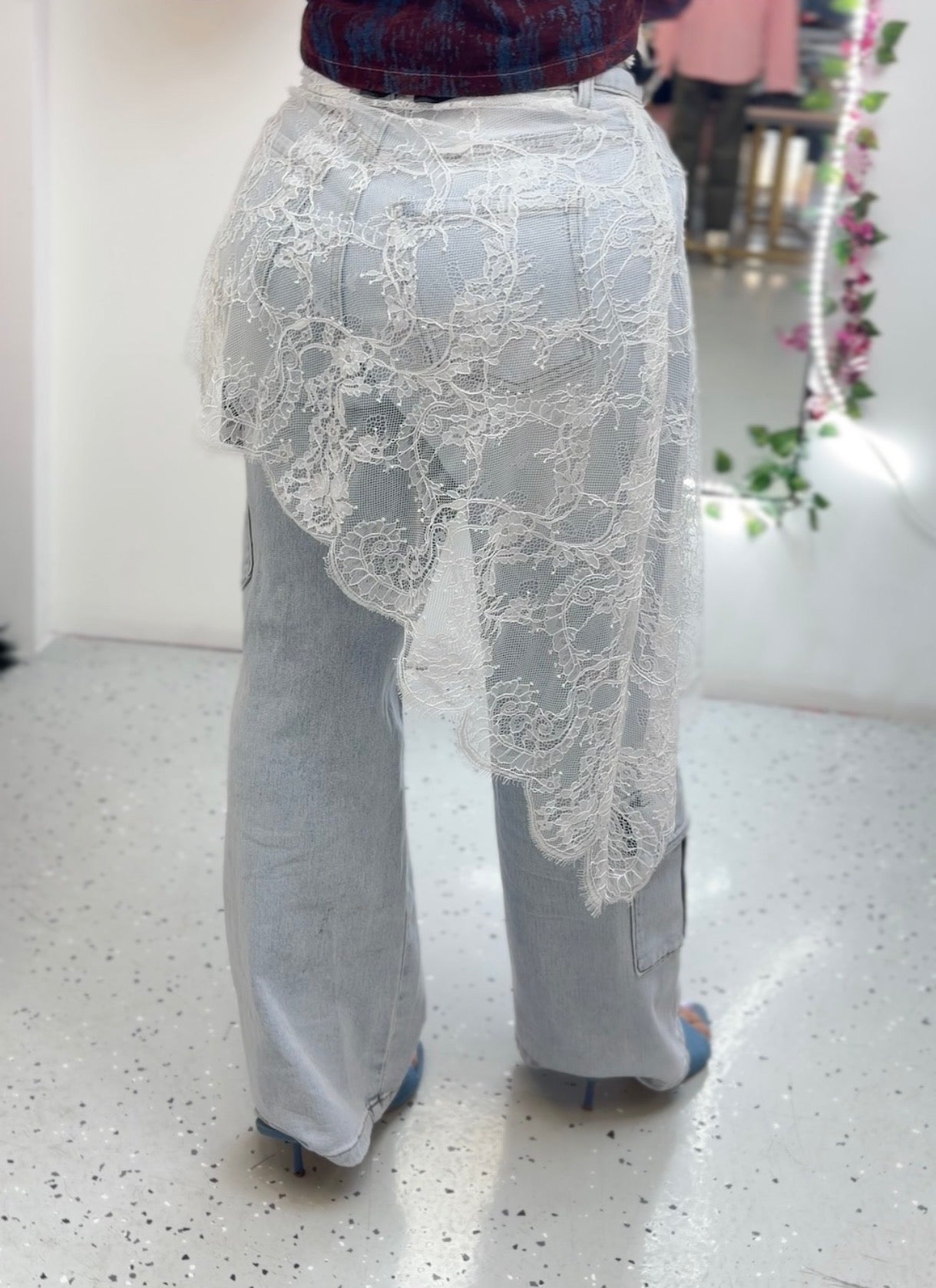Denim Cargo Pants with Lace Detail ✨