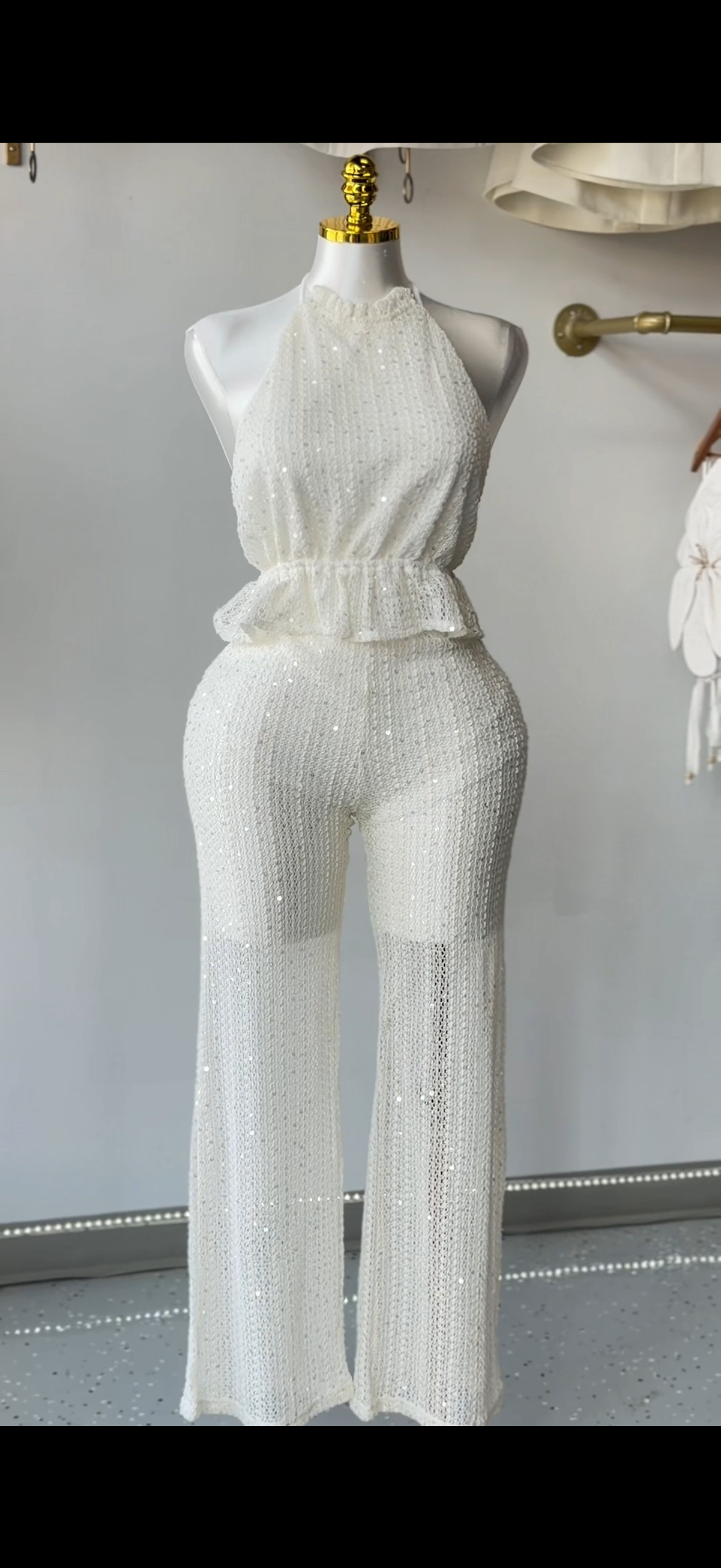 Two-Piece Sequin Halter Set with Wide Leg Pants