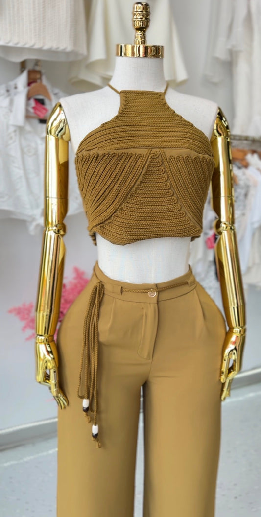 Chic Knit Halter Crop Top & High-Waist Pants Set