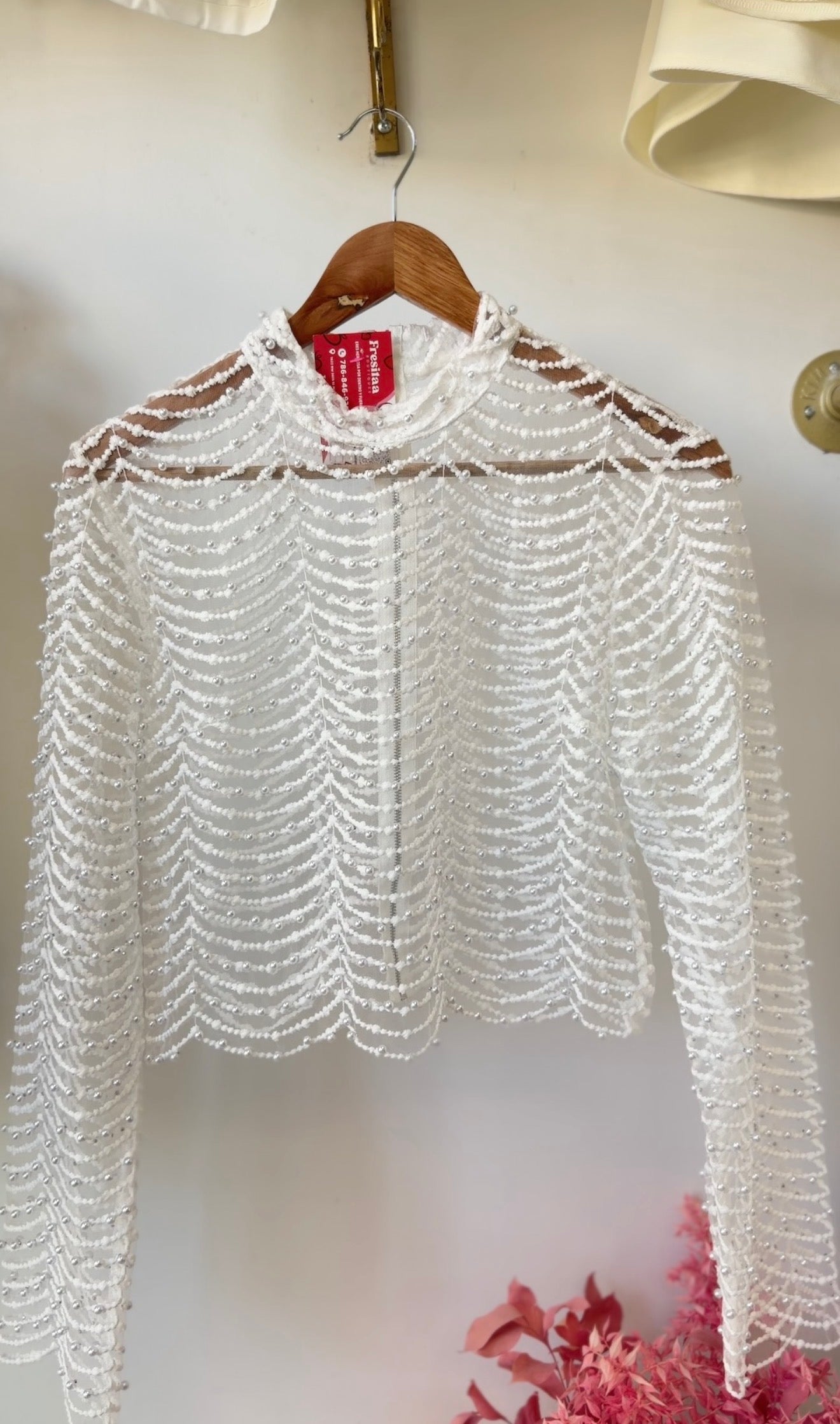 Elegant Pearl Sheer Blouse with High Neck
