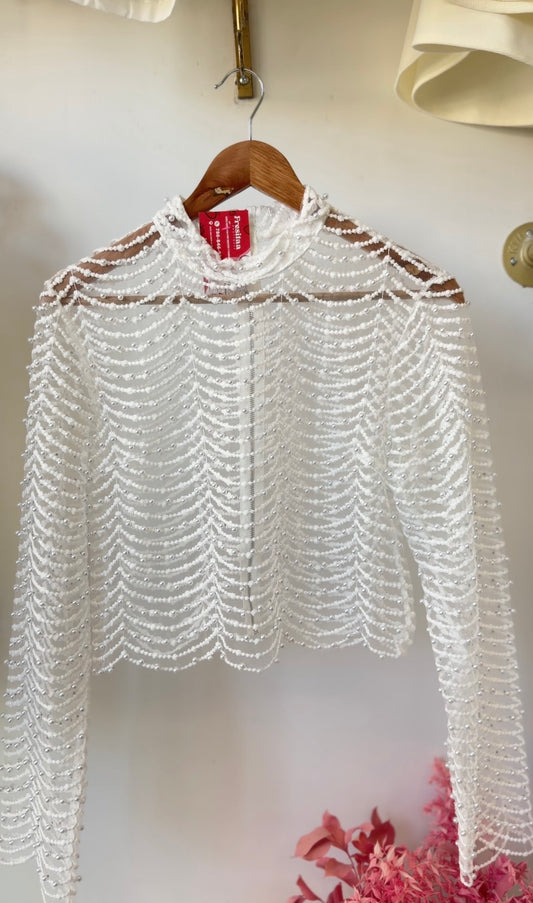 Elegant Pearl Sheer Blouse with High Neck