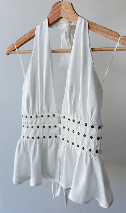 White Sheer Halter Blouse with Stud Detail ✨