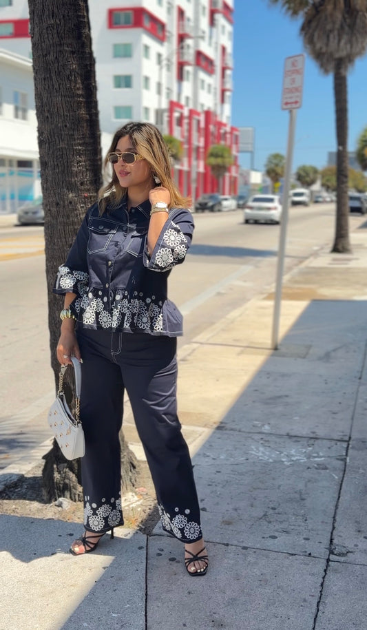 Boho Embroidered Dark Blue Two-Piece Set