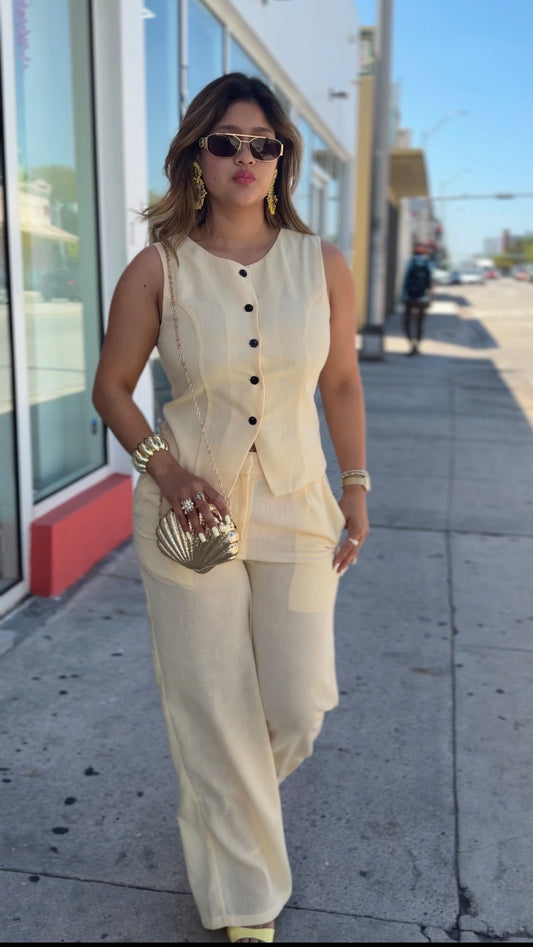 Chic Linen Button-Front Vest &amp; Wide-Leg Pant Se
