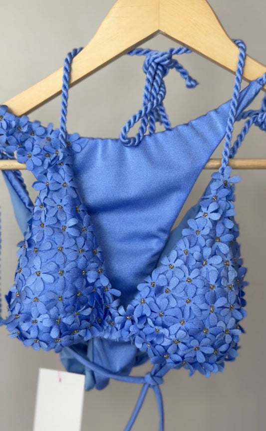 Blue Floral Appliqué Bikini Set