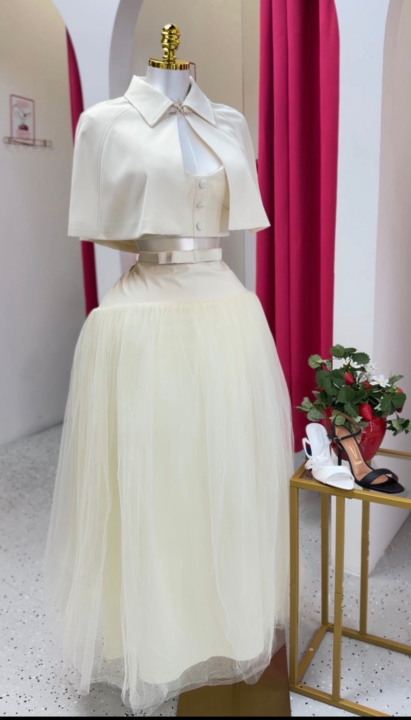 Elegant 3 pieces Skirt Set with Cape Top and Belt