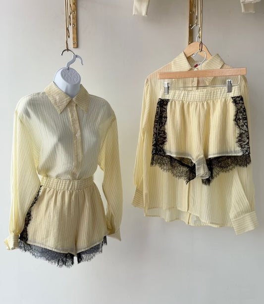 Elegant Blouse & Lace Trim Shorts Set