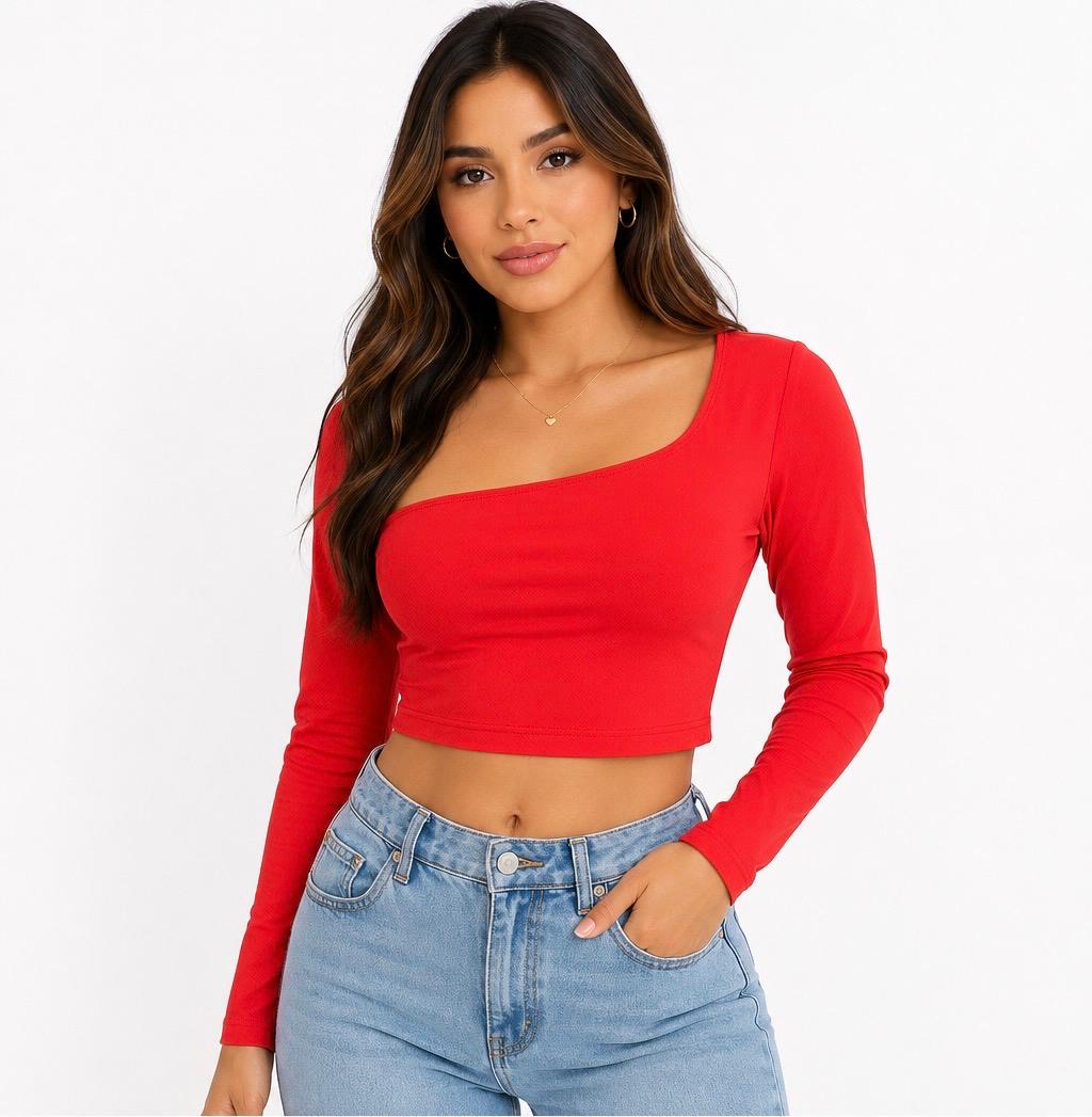 Asymmetrical Long Sleeve Crop Top 🍓✨